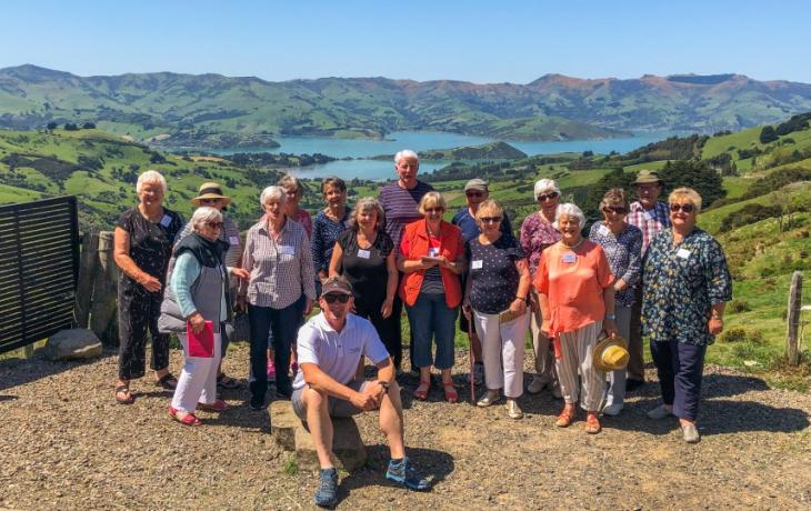 MoaTours guide Andre and Garden tour group on Banks Peninsula
