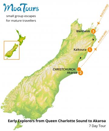Early Explorers from Queen Charlotte Sound to Akaroa Tour Map – MoaTours