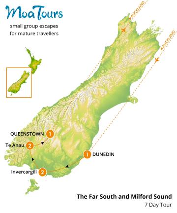 The Far South and Milford Sound tour map - MoaTours