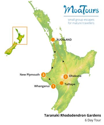 Map showing Taranaki Rhododendron Gardens tour route