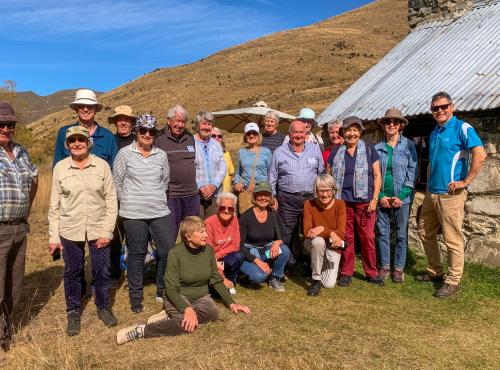 MoaTours group and guide at Sutherlands Hut in the South Island High Country