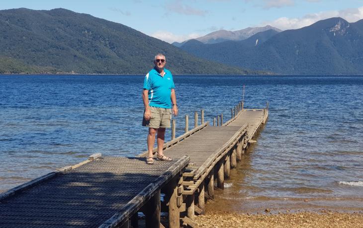MoaTours Kiwi Guide Matt on the wharf at Lake Hauroko, Fiordland