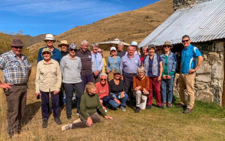MoaTours group and guide at Sutherlands Hut in the South Island High Country